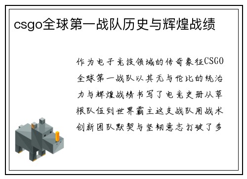 csgo全球第一战队历史与辉煌战绩