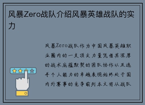 风暴Zero战队介绍风暴英雄战队的实力