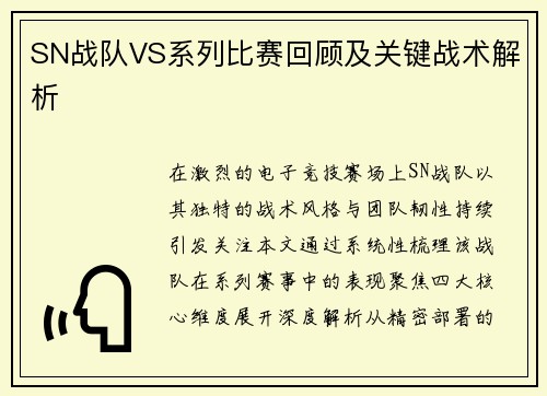 SN战队VS系列比赛回顾及关键战术解析